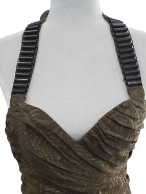 Bebe Y2K Olive Green Jaquard Pleated Strappy Mini Halter Dress. Size Small